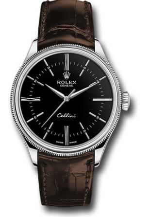 Replica Rolex Rolex Cellini Time Watch 50509 White Gold Black Dial Brown Leather Strap